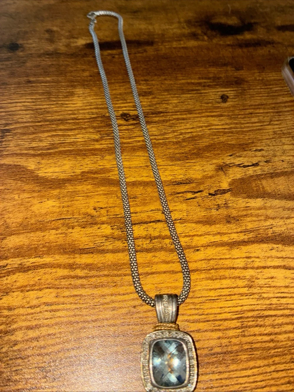 Silver-Tone Necklace with Blue-Green Faceted Pendant